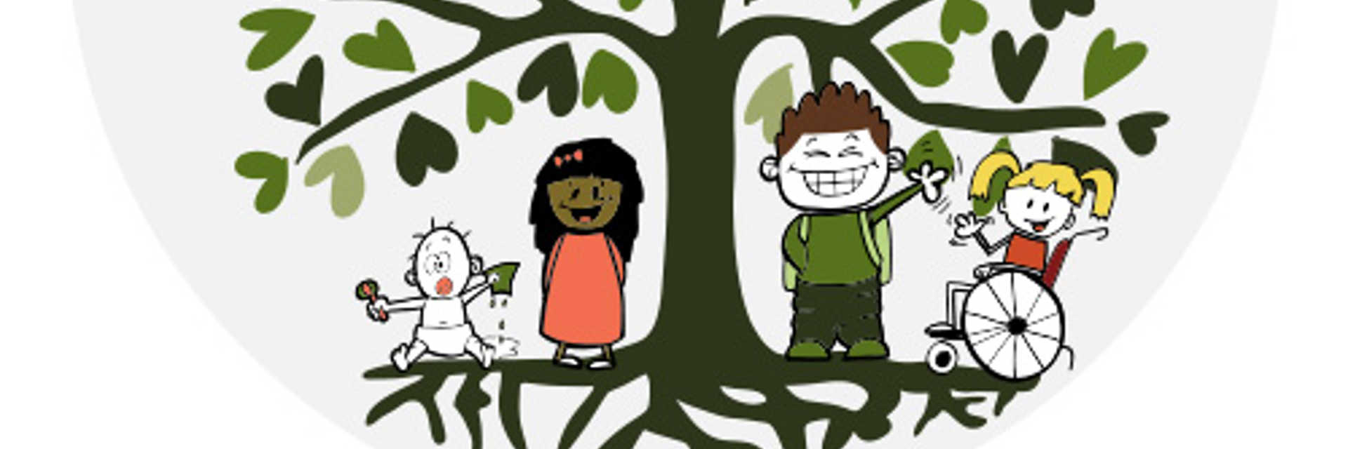 Lysholt - rundt logo, som viser rids af børn under et træ, ovenover er der tegning af en fugl.